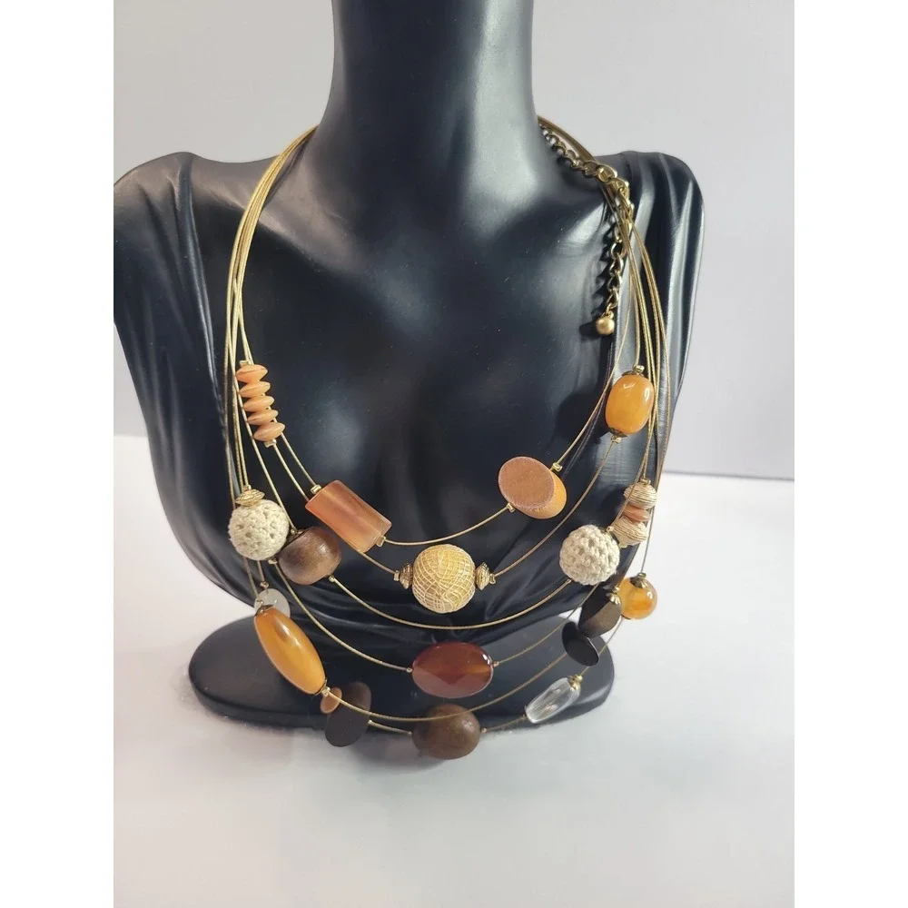 Chico's Multi Strand Beaded Necklace Brown Tan Orange Statement Boho Jewelry